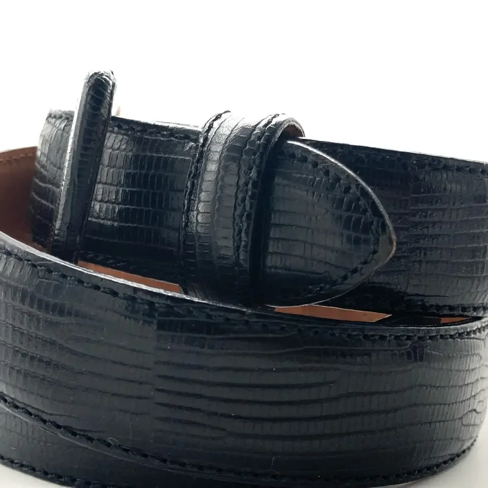 Vintage Italian Black Lizard Embossed Leather Belt Covered Buckle Ralph Lauren